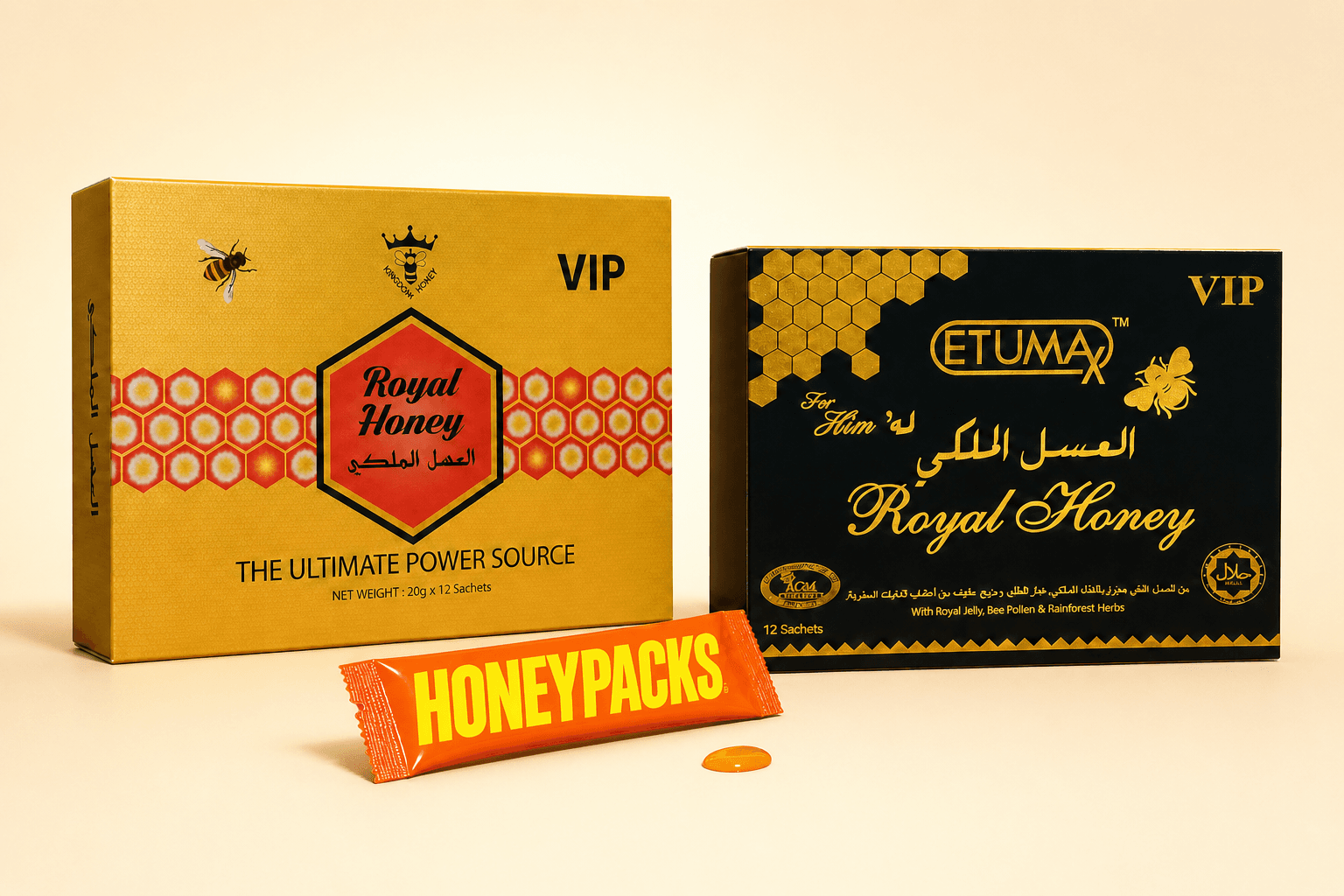 Royal Honey VIP, Etumax Royal Honey and a HoneyPacks sachet in a light studio setting